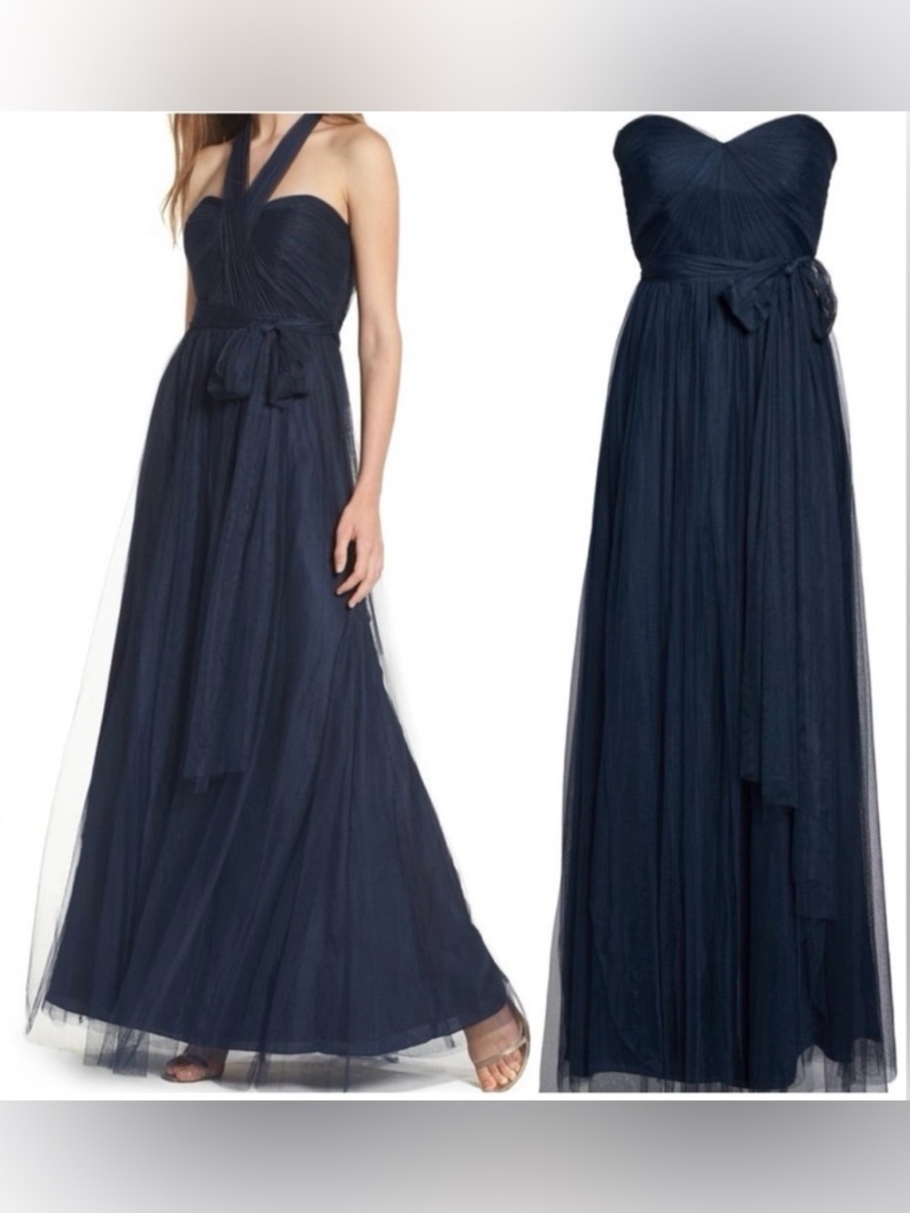 Jenny Yoo Annabelle Convertible Tulle Column Long Navy Strapless Dress, Size 4